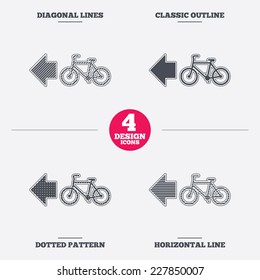 Bicycle path trail sign icon. Cycle path. Left arrow symbol. Diagonal and horizontal lines, classic outline, dotted texture. Pattern design icons.  Vector