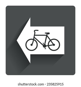 Bicycle path trail sign icon. Cycle path. Left arrow symbol. Gray flat square button with shadow. Modern UI website navigation. Vector