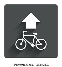 Bicycle path trail sign icon. Cycle path. Up straight arrow symbol. Gray flat square button with shadow. Modern UI website navigation. Vector