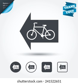 Bicycle path trail sign icon. Cycle path. Left arrow symbol. Circle and square buttons. Flat design set. Thank you ribbon. Vector