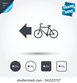 Bicycle path trail sign icon. Cycle path. Left arrow symbol. Circle and square buttons. Flat design set. Thank you ribbon. Vector