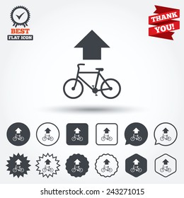 Bicycle Path Trail Sign Icon. Cycle Path. Up Straight Arrow Symbol. Circle, Star, Speech Bubble And Square Buttons. Award Medal With Check Mark. Thank You Ribbon. Vector