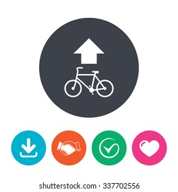 Bicycle path trail sign icon. Cycle path. Up straight arrow symbol. Download arrow, handshake, tick and heart. Flat circle buttons.