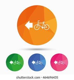 Bicycle path trail sign icon. Cycle path. Left arrow symbol. Triangular low poly button with flat icon. Vector