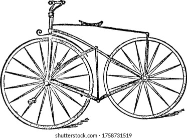 Bicycle, a pedal-driven, human-powered vehicle with two wheels attached to a frame, one behind the other, vintage line drawing or engraving illustration.