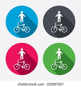 Bicycle and pedestrian trail sign icon. Cycle path symbol. Circle buttons with long shadow. 4 icons set. Vector