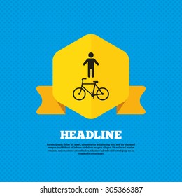 Bicycle and pedestrian trail sign icon. Cycle path symbol. Yellow label tag. Circles seamless pattern on back. Vector