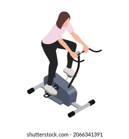 Bicycle people isometric composition with isolated images of female character riding exercycle vector illustration