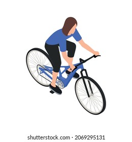 Bicycle people isometric composition with isolated images of female character riding bike vector illustration