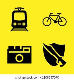 bicycle, photo camera, tram and swords vector icon set. Sample icons set for web and graphic design