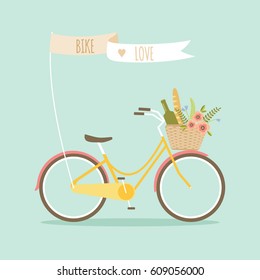 Bicycle with picnic basket and flag romantic vector illustration