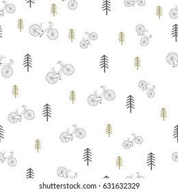 Bicycle and pine seamless pattern. Hand drawn vector background. Wrapping paper.