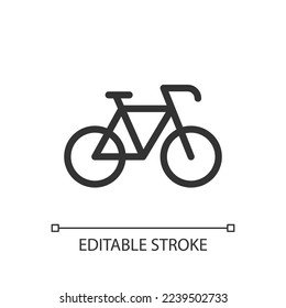 Bicycle pixel perfect linear ui icon. Riding bike. Rental service. Transportation mode. GUI, UX design. Outline isolated user interface element for app and web. Editable stroke. Arial font used