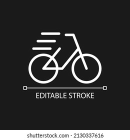 Icono lineal blanco perfecto para el píxel de bicicleta para el tema oscuro. Transporte y recreo. Actividad deportiva. Ilustración de línea delgada. Símbolo aislado para el modo nocturno. Trazo editable. Tipo de letra arial utilizado