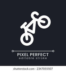 Bicycle pixel perfect white linear ui icon for dark theme. Riding bike. Sports vehicle. Vector line pictogram. Isolated user interface symbol for night mode. Editable stroke. Poppins font used