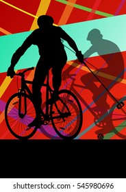 Bicycle polo players active men cyclists riders in abstract landscape background illustration vector