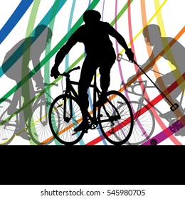 Bicycle polo players active men cyclists riders in abstract landscape background illustration vector