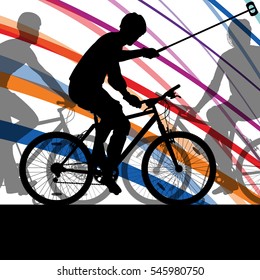 Bicycle polo players active men cyclists riders in abstract landscape background illustration vector