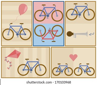 bicycle postcard set, contains five red or blue bikes with heart, horn, kite and balloon on pastel brown stripped wallpaper 