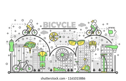 Bicycle poster banner template. Bike, exercise bicycle, race cycling gear and clothing. Vector thin line art flat style design elements, icons for website banner and printed materials
