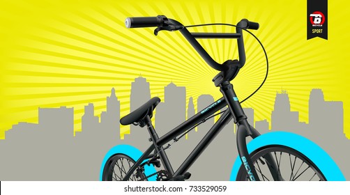 Ilustración del vector de póster de bicicleta. Plantilla BMX Extreme. Antecedentes de la ciudad.