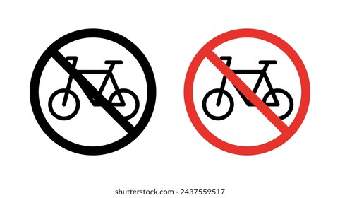 Bicycle prohibition sign icon set. Ban on bicycle use and storage vector symbol in a black filled and outlined style. Bicycle access and parking restriction sign.