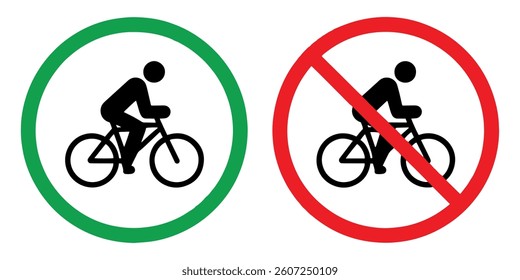 Bicycle prohibition signs, Man on Bike Warning Sign Set. Drive Bicycle Allowed and Prohibit Silhouette Icons.