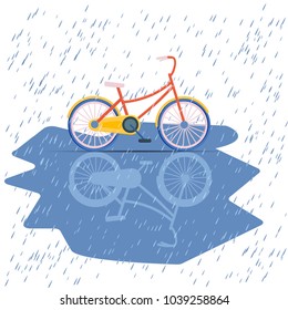 A bicycle in a puddle in the rain. Concept-Bike tours in all weathers.