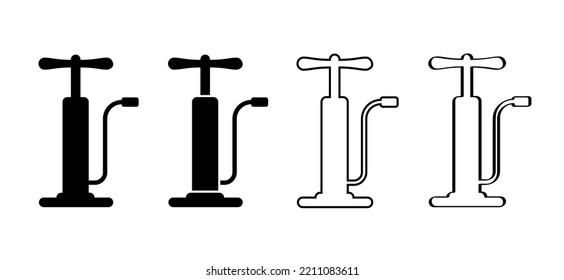 Bicycle pump. Biker has a flat tire and repair the wheel. Cycling pomp icon or symbol. Funny vector bike hand pomps sign. Cyclist tools. 