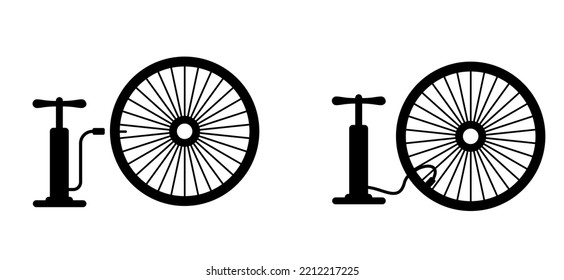 Bicycle pump. Biker has a flat tire and repair the wheel. Cycling pomp icon or symbol. Funny vector bike hand pomps sign. Cyclist tools. 