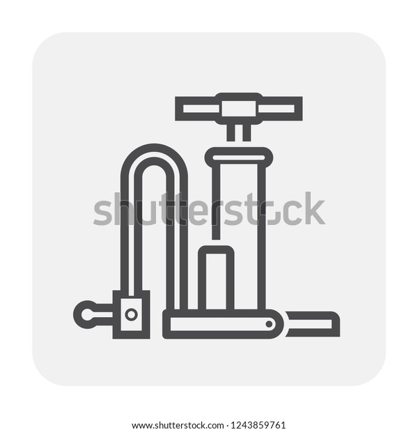 Bicycle pump or bicycle floor pump icon. Also\
called air pump or track pump including with handle, metal\
cylinder, piston, valve and rubber tube for inflating bicycle and\
auto tyre. Vector icon\
design