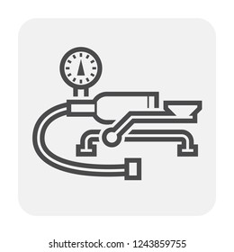 Bicycle pump or foot operated bike pump icon. Also called air pump including with pressure gauge or manometer,metal cylinder, valve and rubber tube for inflating bicycle and auto tyre. Vector icon.