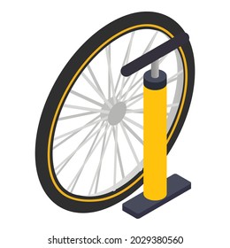 Bicycle Pump Icon Isometric Vector. Bike Wheel And Yellow Hand Bicycle Air Pump. Wheel Pumping, Repair, Service Icon