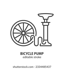 Icono de la línea de la bomba de bicicletas. Símbolo vector de contorno de la bici de bombeo de aire manual. Trazo editable. 