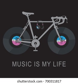 Bicycle race bike illustration, tee shirt graphics, music typography, vectors