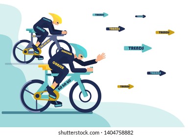 Bicycle racers chasing words trend. Man on bike trying to catch trend. Funny trend chasing concept vector illustration.