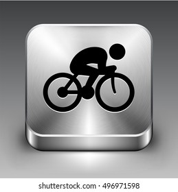 Bicycle Racing on Silver Square Button