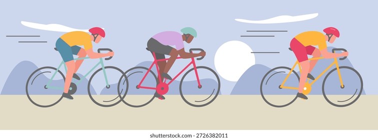 Ilustração vetorial da equipe de corrida de bicicletas na natureza paisagem montanhosa ao ar livre, ciclistas desportivos velozes bicicletas de competição design gráfico moderno, conceito de estilo de vida do campeonato