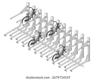 Bicycle rack with multiple bikes parked in clean contour line drawing against white background.