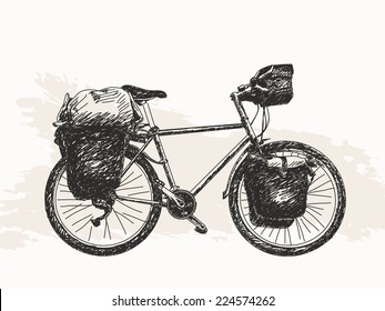 Bicycle ready for travel around the World, sketch Hand drawn illustration