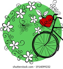Bicycle with red heart and different beautiful flowers. Vector image