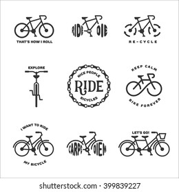 Bicycle related typography set. Motivational quotes about cycling. I want to ride my bicycle. Nice people ride bicycles. Keep calm and bike forever. Bicycle icons. Vector vintage illustration.