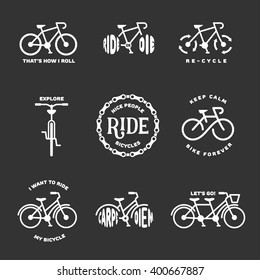 Bicycle related typography set. Motivational quotes about cycling. I want to ride my bicycle. Nice people ride bicycles. Keep calm and bike forever. Bicycle icons. Vector vintage illustration.