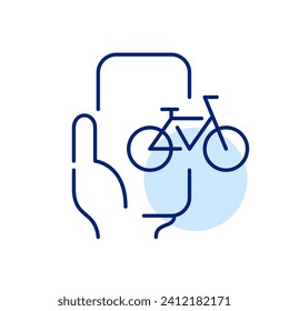 Bicycle rent app. Hand holding smartphone. Pixel perfect, editable stroke