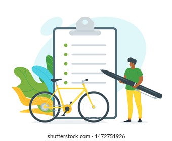 Bicycle rent contract vector illustration. African american guy holding huge pen cartoon character. Young man signing document, paperwork. Bike purchase, city transport leasing service