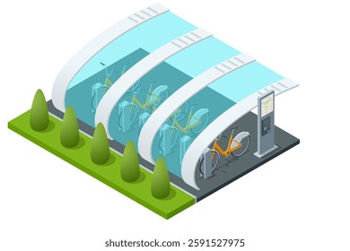 Bicycle rent parking zone with a transparent roof. Isometric bicycle-sharing station with blue bikes in docking units, plus a payment kiosk featuring a city map for quick rentals