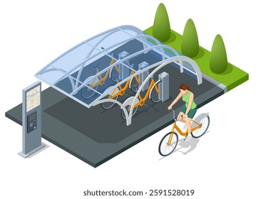 Bicycle rent parking zone with a transparent roof. Isometric bicycle-sharing station with blue bikes in docking units, plus a payment kiosk featuring a city map for quick rentals