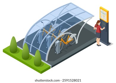 Bicycle rent parking zone with a transparent roof. Isometric bicycle-sharing station with blue bikes in docking units, plus a payment kiosk featuring a city map for quick rentals