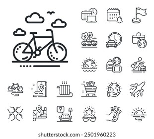 Bicycle rent sign. Plane jet, travel map and baggage claim outline icons. Bike rental line icon. Hotel service symbol. Bike rental line sign. Car rental, taxi transport icon. Place location. Vector