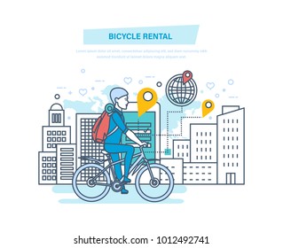 Bicycle rental. City bike hire renting for tourists, city visitors. Young man rides in park by bike. Mobile application for searching and renting of bicycles. Illustration thin line design.